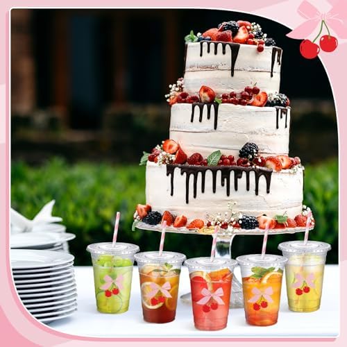 Sliner 50 Pcs 16 Oz Cherry Bow Cups with Straw for Parties