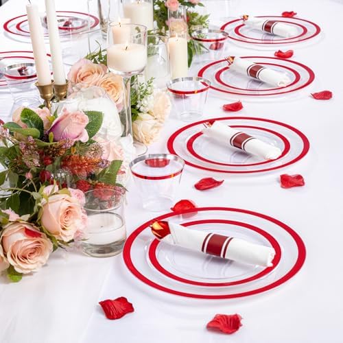 I00000 350 Pcs Clear Red Plastic Plates Set for Wedding Party