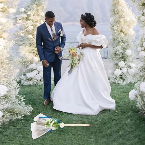 SISIMER Wedding Brooms with White Tulle and Pearl Ribbon