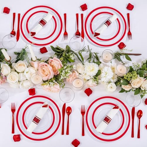 I00000 350 Pcs Clear Red Plastic Plates Set for Wedding Party
