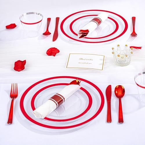 I00000 350 Pcs Clear Red Plastic Plates Set for Wedding Party