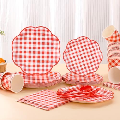 175 Pcs Red Gingham Plates Napkins Party Supplies Set