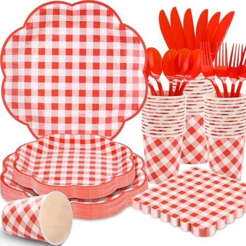 175 Pcs Red Gingham Plates Napkins Party Supplies Set