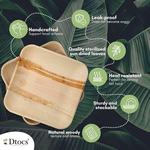 Dtocs 10 Inch Square Compostable Palm Leaf Plates 50 Pack