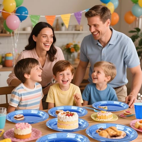 WELLIFE 210Pcs Clear Blue Plastic Plates Set for Party
