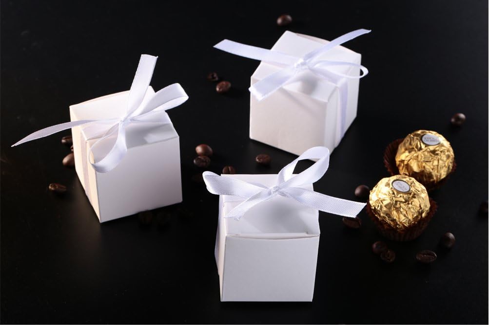 AWELL White Candy Box with Ribbon Party Favor Pack of 50