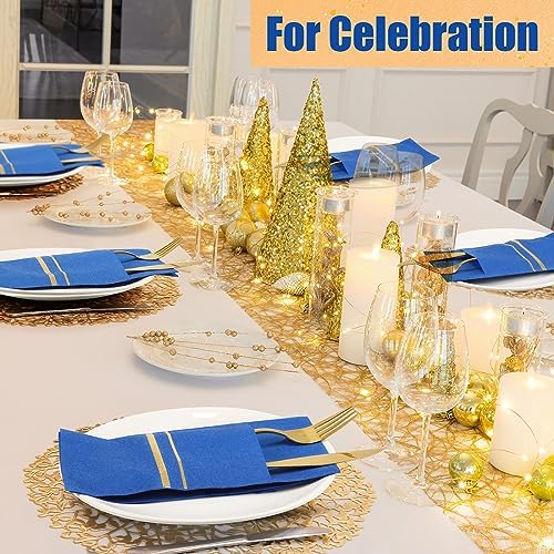 Roshtia 100 Pack Gold Trim Dinner Napkins with Flatware Pocket