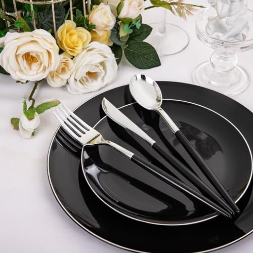 DaYammi 30 Guests Black Plastic Plates Set with Silverware for Events