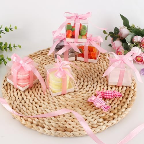 Hxezoc 50 Pack Clear Candy Favor Boxes with Pink Ribbons 2x2x2 Inches