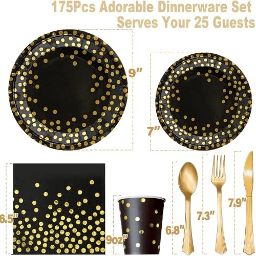 AIRE Black and Gold Paper Plates for 25 Guests Party Set