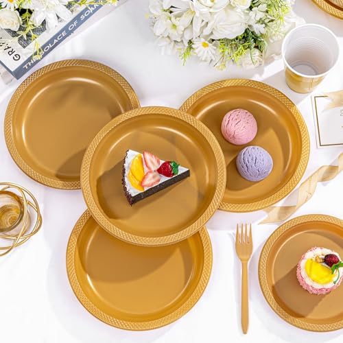 WELLIFE 210Pcs Gold Plastic Plates Dinnerware Set for Parties
