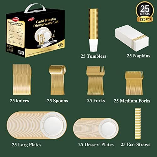Neatiffy 225 Pcs Gold Rim Plastic Dinnerware Set For 25 Guests