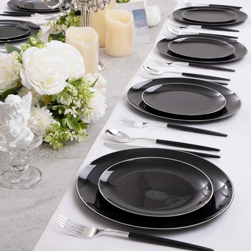 DaYammi 30 Guests Black Plastic Plates Set with Silverware for Events