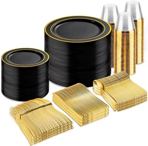 bUCLA 600PCS Black and Gold Disposable Dinnerware Set for Parties