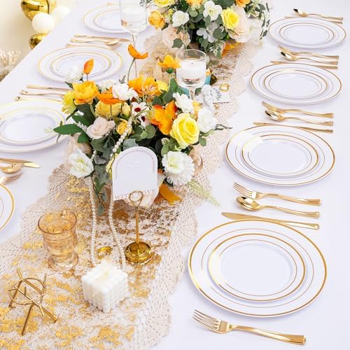 600 Pcs Gold Plastic Plates and Utensils for 100 Guests