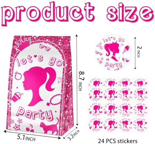 24 Pcs Pink Goodie Bags with Stickers for Girls