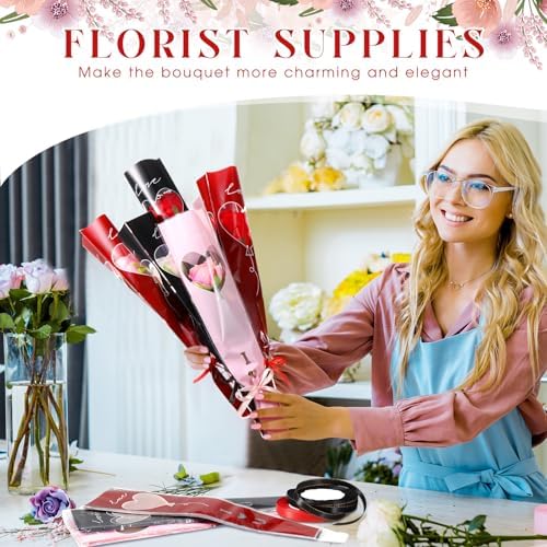 Jutom 300 Pcs Graduation Single Rose Flower Wrap Bags with 3 Polyester Ribbon