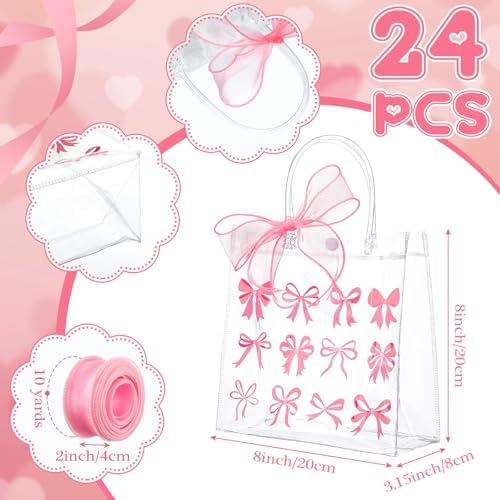 Kolldenn 24 Pcs Clear Gift Bags with Pink Bow Handles