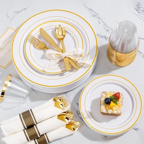 WELLIFE 350Pcs White Gold Plastic Plates for 50 Guests