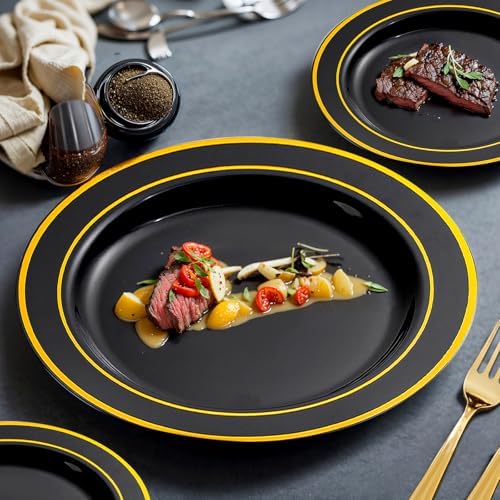 bUCLA 150 Piece Black and Gold Disposable Dinnerware Set for 25 Guests