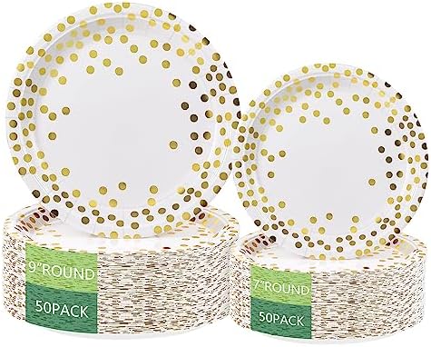 Golden Dots Disposable Paper Plates 100 Pack 50x9 50x7