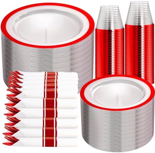 I00000 350 Pcs Clear Red Plastic Plates Set for Wedding Party