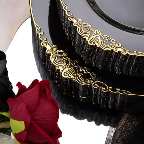 Hioasis 350pcs Black and Gold Plastic Plates Set for 50 Guests