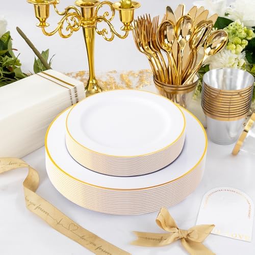 SUT 350 PCS White Gold Disposable Dinnerware Set for 50 Guests