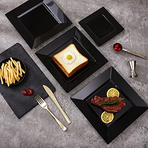 N9R 60PCS Black Plastic Square Plates for Parties and Events