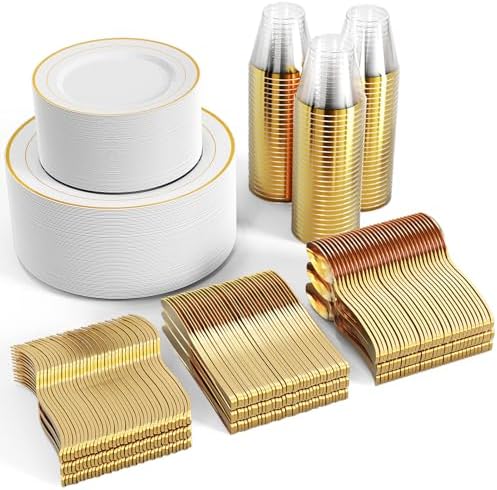 FOCUSLINE 600 Ct Gold Dinnerware Set for 100 Guests