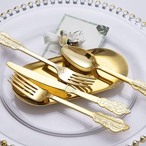 BUCLA 600 Pieces Gold Plastic Silverware Set
