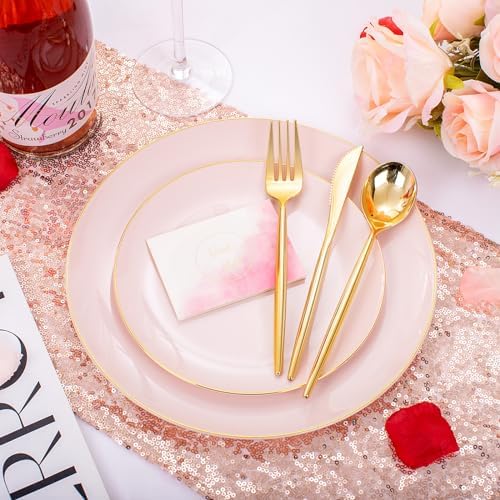 30-Piece Pink Plastic Party Plates Set with Gold Rim