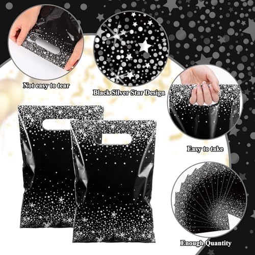 Pasimy 50 Pcs Black and Silver Gift Bags with Handles for Parties