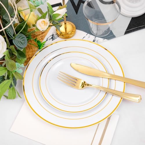 GATHER 350PCS White and Gold Plastic Plates Set for Party Wedding