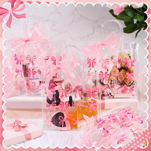 Kolldenn 24 Pcs Clear Gift Bags with Pink Bow Handles