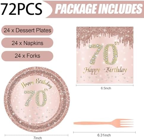 72 Pcs Rose Gold 70th Birthday Party Plates and Napkins Set