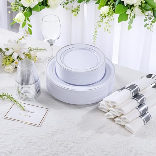 DaYammi 350PCS Silver Plastic Dinnerware Set for 50 Guests