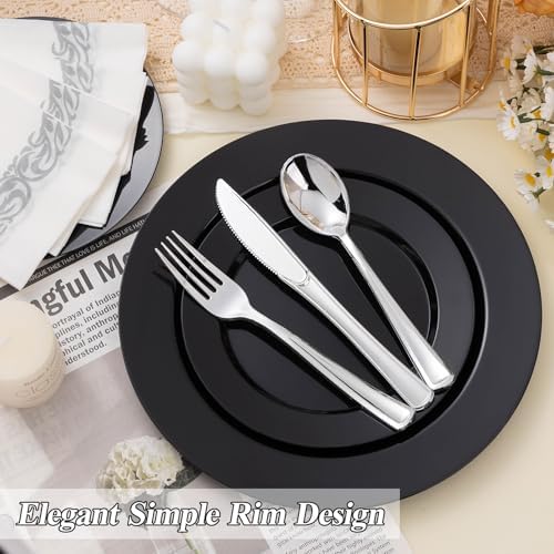 200PCS Black Plastic Plates Set for Parties and Weddings