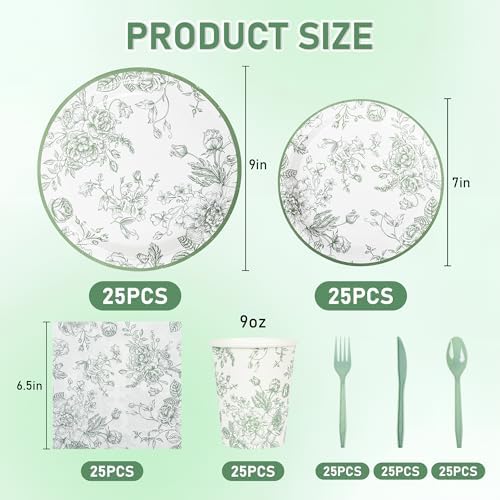 175Pcs Sage Green Floral Party Set Plates Napkins Cups Cutlery