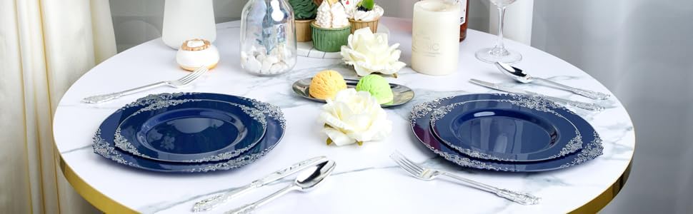 Hioasis 350pcs Blue and Silver Plates Set for 50 Guests