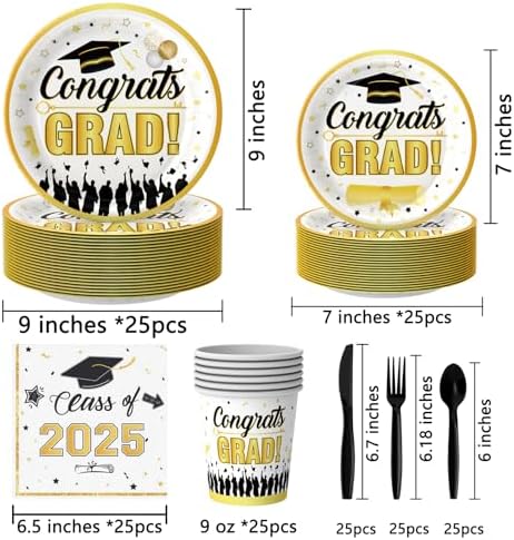 175PCS Graduation Party Tableware Set with Plates Napkins Cups Cutlery