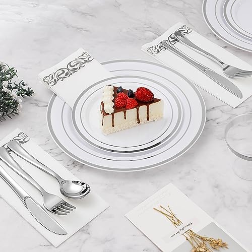 100PCS Silver Rim Plastic Dessert Plate 7 Inch Party Use