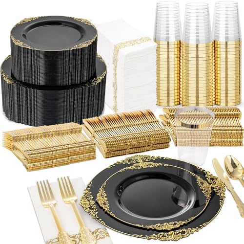 Nervure 350PCS Black Plastic Plates Set for 50 Guests
