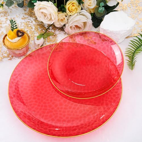 Rubtlamp 60 Pcs Red Plastic Plates with Gold Rim