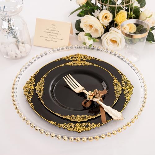 Hioasis 350pcs Black and Gold Plastic Plates Set for 50 Guests