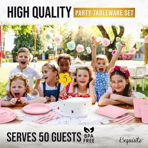 350 Pcs Pink Plastic Plates Set for Parties