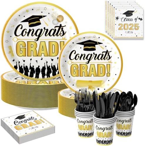175PCS Graduation Party Tableware Set with Plates Napkins Cups Cutlery