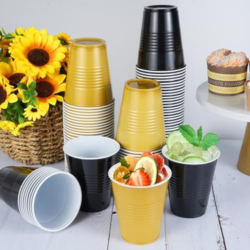 100 Pcs Black and Gold Plastic Cups 12 Oz for Party