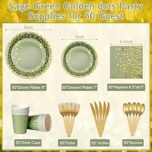 YIDAKO 350pcs Sage Green Plates and Napkins Set