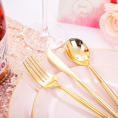30-Piece Pink Plastic Party Plates Set with Gold Rim